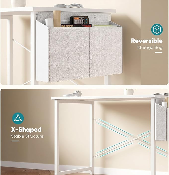 OLIXIS Small Computer Desk, 40 Inch Home Office Desks, Writing Study Craft Work Gaming Table, Computer Workstation for Bedroom Small Spaces with Storage Bag, All White