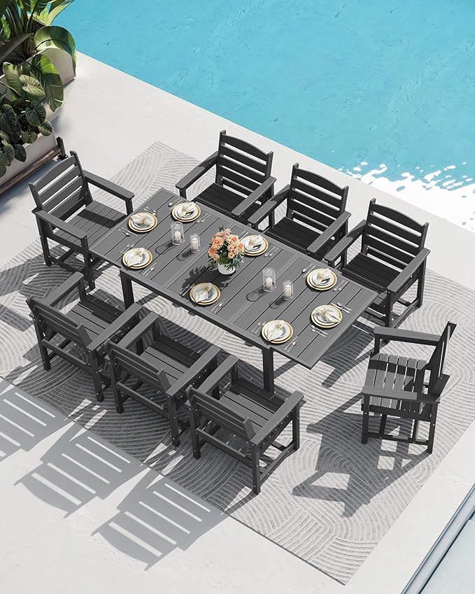 SERWALL 60" - 83" Expandable Outdoor Dining Table and 6 HDPE Chairs, Grey | Outdoor Dining Set for 6, All Weather Aluminum and HDPE Outdoor Furniture Set, Extendable Patio Dining Table
