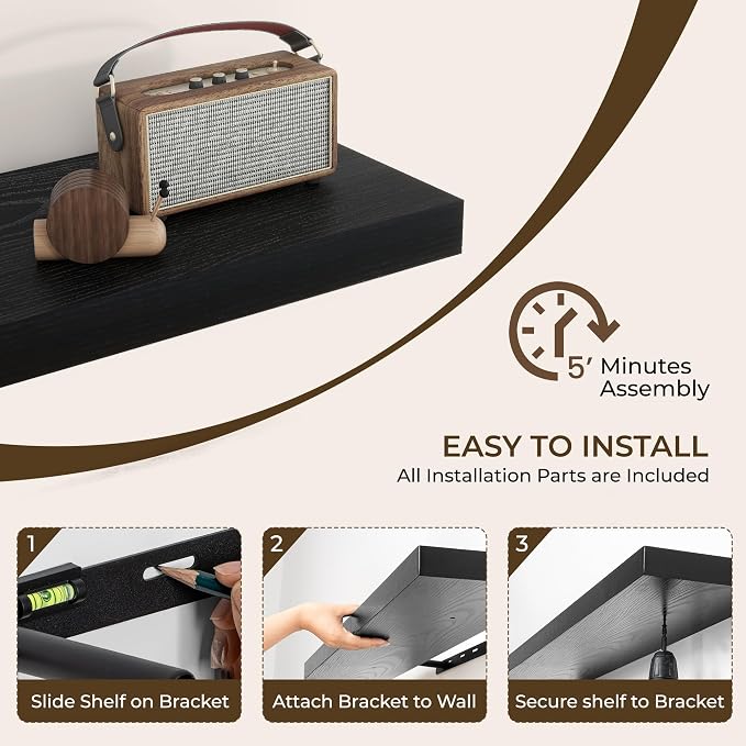 RICHFOCUS 8 Inch Floating Shelves for Wall Small Square Shelves Set for Bedroom|Kitchen|Bathroom|Laundry Room Rustic Wood Wall Mounted Shelf with Invisible Brackets for Books|Storage|Decor, Black