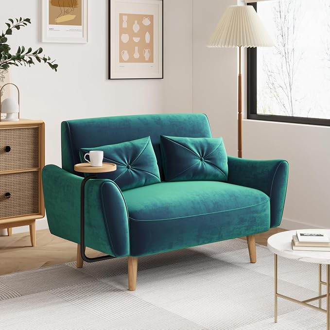 Brelice Loveseat Sofa, 47" Velvet Couch for Bedroom, Convertible Wooden Tray & Ergonomic Armrest, for Small Space, Apartment, Living Room, Home Office, Easy Assembly, Green