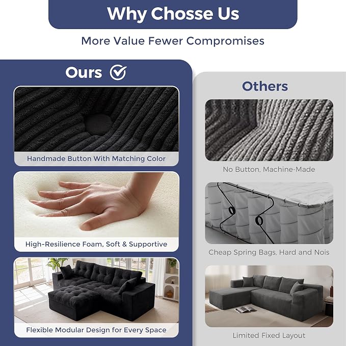 MAXYOYO 104" L Shaped Modular Sectional Sofa with Ottoman, Cloud Boneless Couch with Layered Cushion, Upholstered Sofa Flexible Module Combination for Living Room, No Assembly, Black