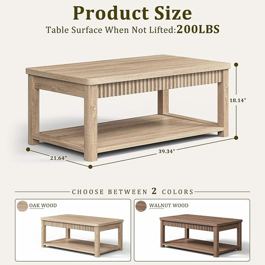 Homkdom Fluted Coffee Table, 2-Tier Storage Shelf, Oak | Heavy Duty 200 lb Capacity, Kids Friendly Rounded Corners