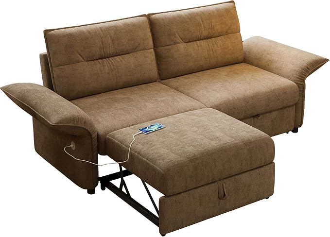 85" Pull Out Sofa Bed Full Size, Pre-Assembled Flannel Sleeper Sofa, Convertible Loveseat Futon Couch, Adjustable Armrest with USB, Pillows, for Apartment, Living Room, Small Spaces, Brown