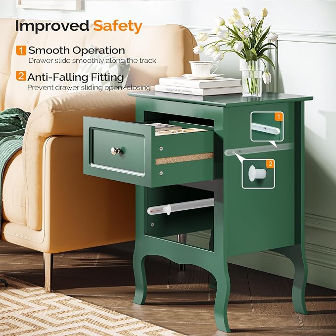 Bonnlo Green Nightstand with Drawers for Bedroom, Green Night Stand Bedside Table for Small Spaces, Kids Room, Living Room, Dorm, French, 15.75" W x 11.8" D x 23.6" H