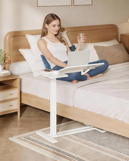 SANODESK Small Rolling Overbed Table Adjustable Height with Wheels, Mobile Laptop Desk with Tilting Desktop, Portable Computer Workstation for Home Office, Classroom, Bedside, White