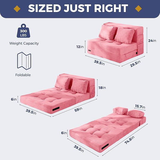 MAXYOYO Convertible Sofa Bed, Fold Out Loveseat Sofa Couch with Pillow, 4 in 1 Tufted Folding Couch Bed Foam Floor Couch, Lazy Chair for Living Room Bedroom Guest Room, Pink