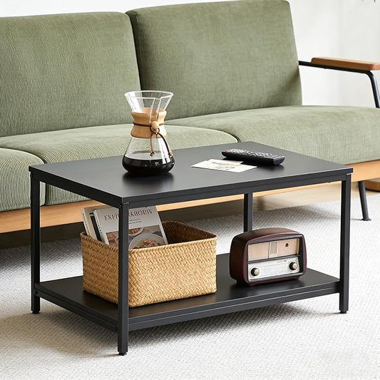 SUPER DEAL 2-Tier Industrial Coffee Table with Storage Shelf for Small Apartment Living Room, Rectangle Wood and Stable Metal TV Stand Side End Table, Black