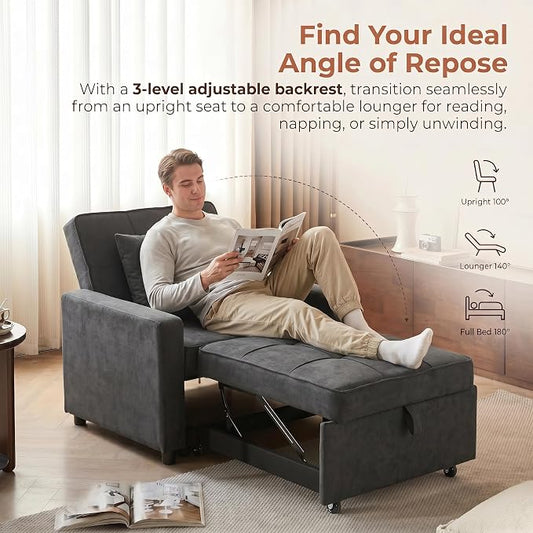 3-in-1 Convertible Sleeper Chair, Pull Out Single Sofa Bed with 3 Adjustable Backrest Angle & Pillow, Foldable Compact Reclining Sofa Bed for Small LivingRoom, Apartment, Home Office, Gray