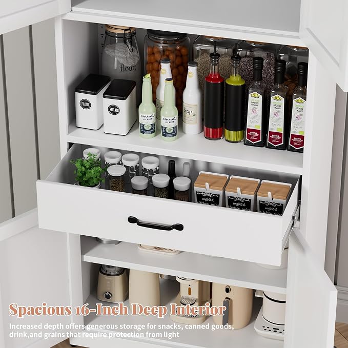 72" H White Steel Kitchen Pantry Storage Cabinet with Countertop | Metal Farmhouse Cabinets for Living Room, Bathroom, Heavy Duty Rustic Pantry