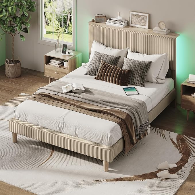 Bestier Queen Bed Frame with Adjustable Headboard & LEDLighting, Corduroy Upholstered Platform Bed Frame withStorage Shelf, Solid Wood Slats, No Box Spring Needed,Never Squeak, Easy Assembly, Taupe