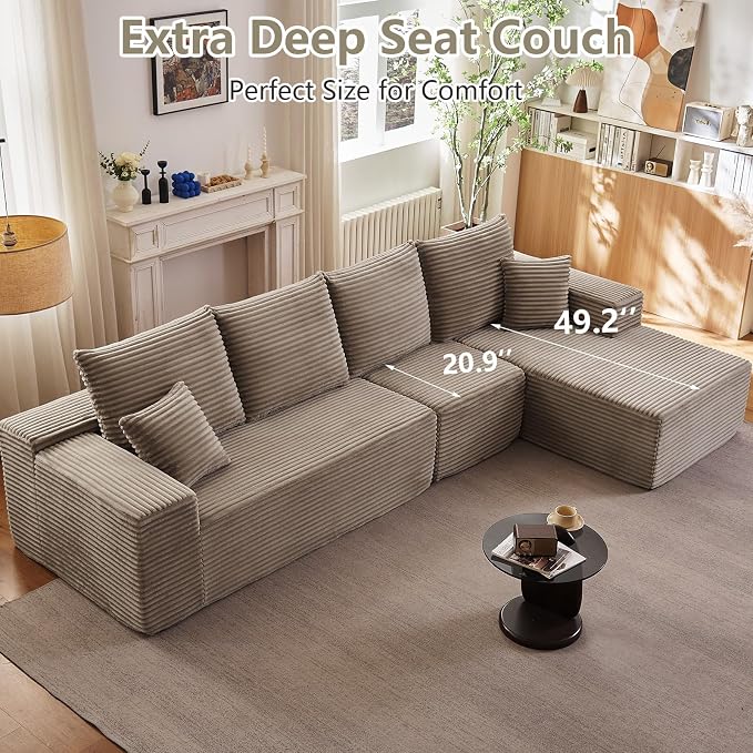 135" Cloud Sectional Couch with L-Shape Chaise, Modern Modular Comfy Sofa Chaise Longue, Upholstered Corduroy Couches Sleeper with Deep Seat for Living Room Bedroom, No Assembly Required, Camel