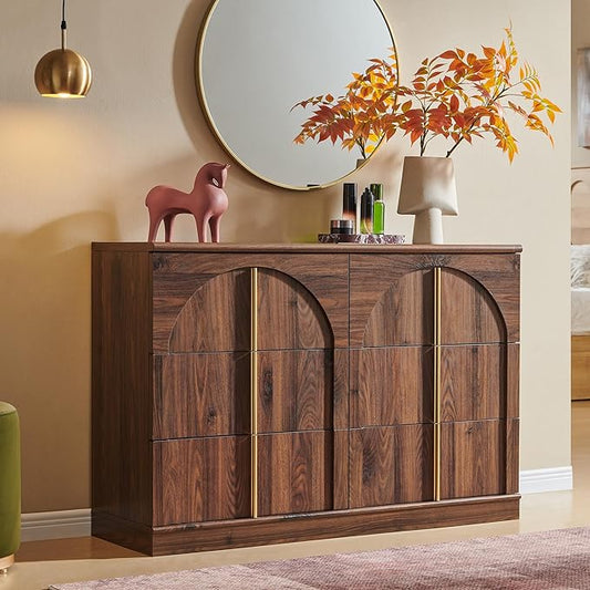 ACCOHOHO 6 Drawers Arched Dresser for Bedroom, 47.3" Wide Modern Chest of Drawers with Rounded Edge & Metal Handles, Hallway, Brown