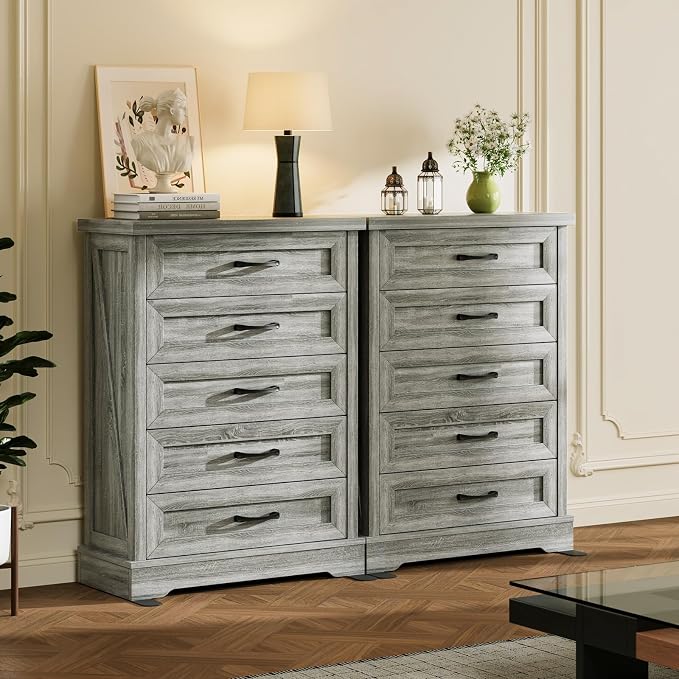 AODK Farmhouse 5 Drawer Dresser for Bedroom, 47" Tall Engineered Wooden Chest of Drawers with Metal Handle, Modern Storage Cabinet and Organizers for Closet, Living Room, Entryway, Gray