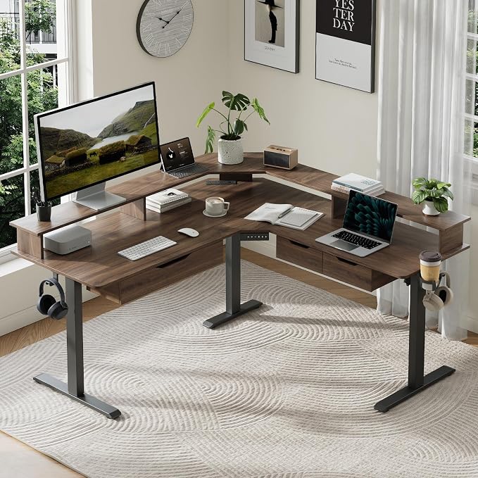 MALOL 59" L Shaped Electric Standing Desk with Drawers, Height Adjustable Desk with Power Outlets & LED Lights, Monitor Stand, Corner Computer Desk for Home Office, Walnut