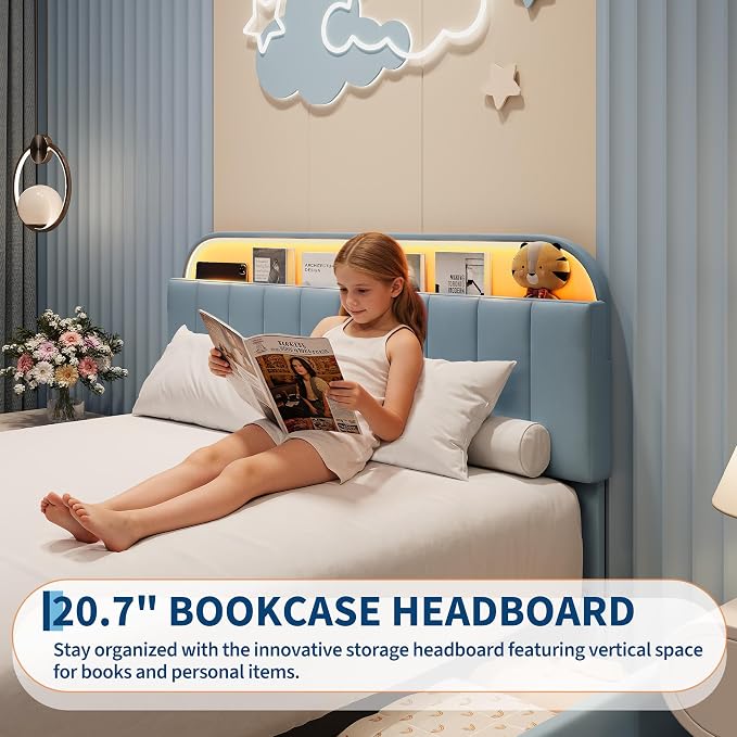 Garvee Full Size Bed Frame with 2 Flexible Drawers, Upholstered Platform Bed Frame with Bookcase Headboard and LED Lights, Kids Bed for Boys, Easy Assembly, Noise Free, Blue