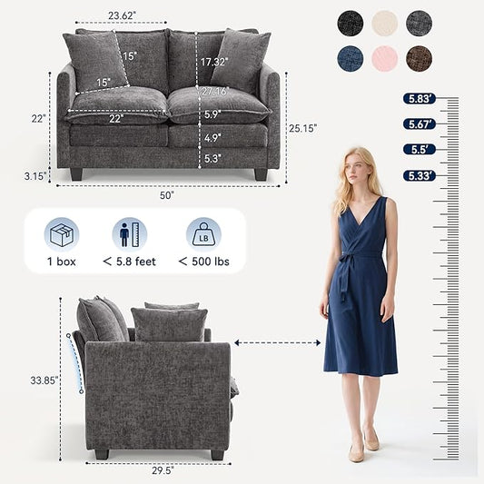 Loveseat Sofa Couch 2 Piece Set, Small Compact 50" Love Seat 27" Deep Cloud Sofa Set Washable Chenille Pillow Living Room Set for Apartment Office 8833-GREY-2+2