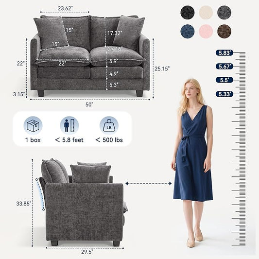 Loveseat Sofa Couch, Small Mini Compact 50" Love Seat 27" Deep Cloud Sofa Seat Washable Chenille Pillow for Apartment Bedroom Dorm Attic Studio Office Living Room Small Space 8833-GREY