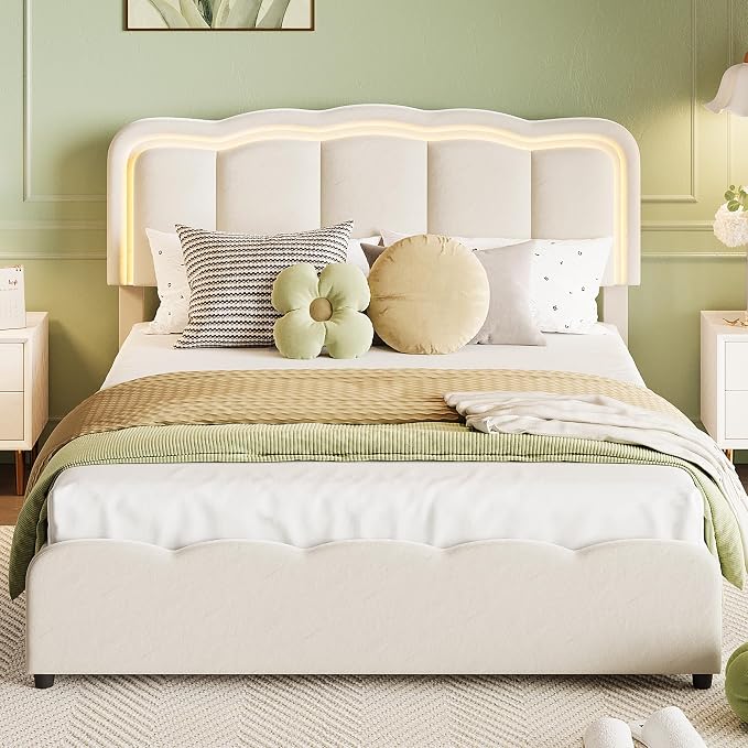 Garvee Full Size Bed Frame with 2 Storage Drawers and LED Lights, Upholstered Platform Full Bed with Adjustable Headboard, Wooden Slats Support, No Box Spring Needed, Easy Assembly, White