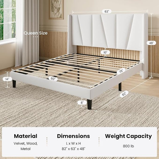 SHA CERLIN Queen Size Velvet Bed Frame with Geometric Wingback Headboard, Upholstered Platform Bed with Wooden Slats Support, 8" Under-Bed Space, No Box Spring Needed, Easy Assembly, White