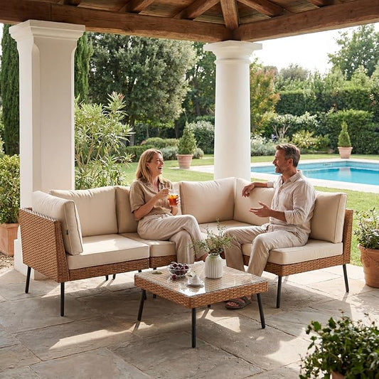 Aoxun 5-Piece Patio Furniture Set, Wicker Outdoor Furniture with Water Resistant Thick Cushions, Patio Conversation Set Outdoor Sectional Sofa with Coffee Table for Backyard Poolside, Beige