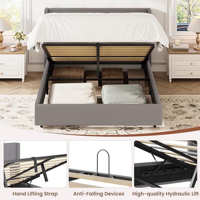Garvee Full Lift Up Storage Bed Frame, Corduroy Upholstered Platform Bed with Gas Lift, Padded Headboard, Wooden Slat Support, No Box Spring Needed, Easy Assembly, Taupe Grey