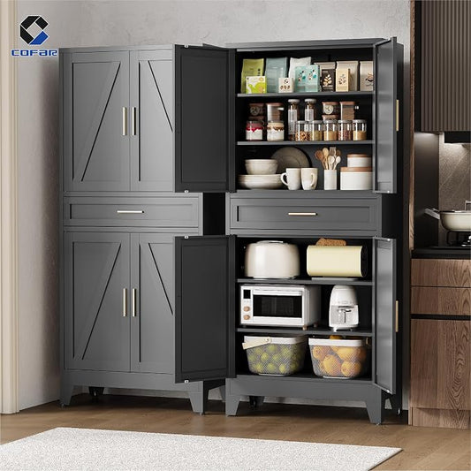 COFaR 71'' Tall Metal Pantry Cabinet with Drawer, Kitchen Storage Cabinet with 4 Doors and Shelves, Freestanding Farmhouse Food Cupboard for Kitchen Dinning Room Garage, Black 6-Tier