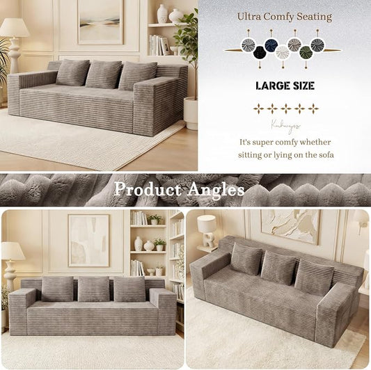Kurhwyss 71" Corduroy Living Room Sofa, 3 Setaser Deep Seat Couch with 3 Lumbar Pillows, Comfy Boneless Sofa Modern Compressed Couch for Bedroom, Office, Apartment, No Assembly, Flat Armrests (Camel)