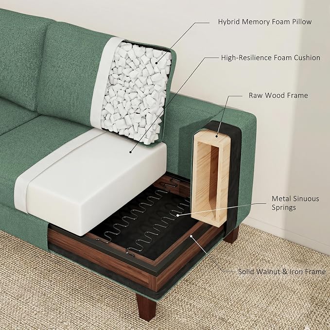 Gericco Mid Century Modern Couches for Living Room, 89" Comfy Green Couch Sofa with 3-Seater Deep Seats, Upholstered Sofas for Living Room, Office Apartment, Bedroom