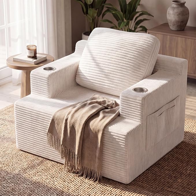 Homall 42” Single Sofa Foam Couch for Small Spaces Upholstered Floor Sofa with Cup Holder & Storage Pocket Boneless Couch for Bedroom Living Room (White, Single)