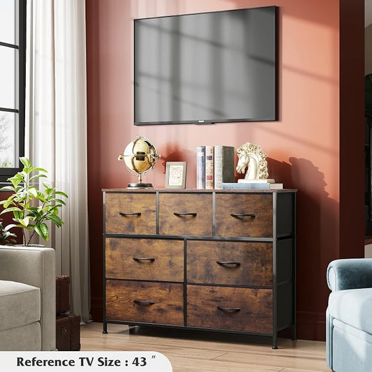 WLIVE 7 Drawer Dresser TV Stand, Entertainment Center, Media Console Table with Metal Frame and Wood Top for TV up to 45 inch, Chest of Drawers for Bedroom, Living Room, Rustic Brown Wood Grain Print