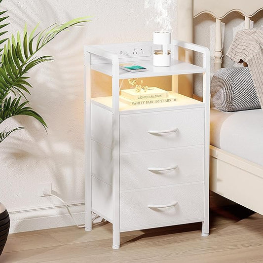 Lazzanto Night Stand Bedside Charger Bedroom - Nightstand with Charging Station, Bed Side Table with LED Light Strip, End Table with U-S-B Ports & AC Outlets, Storage Shelf & 3 Fabric Drawers, White