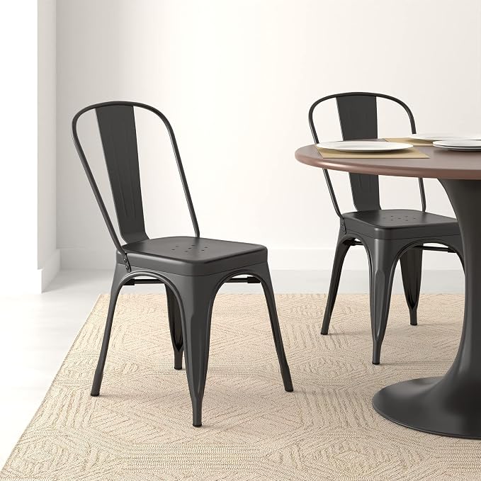 Amazon Basics Metal Dining Chairs, Easy to Assemble, Indoor/Outdoor, Stackable, Matte Black, 4-Pack