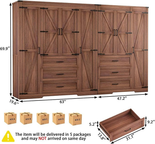 70" Tall Wardrobe Closet with 7 Doors & 6 Drawers, Farmhouse Armoire with Hanging Rod, Wooden Armoire Wardrobe Closet for Bedroom, Freestanding Clothing Storage Cabinet, Brown