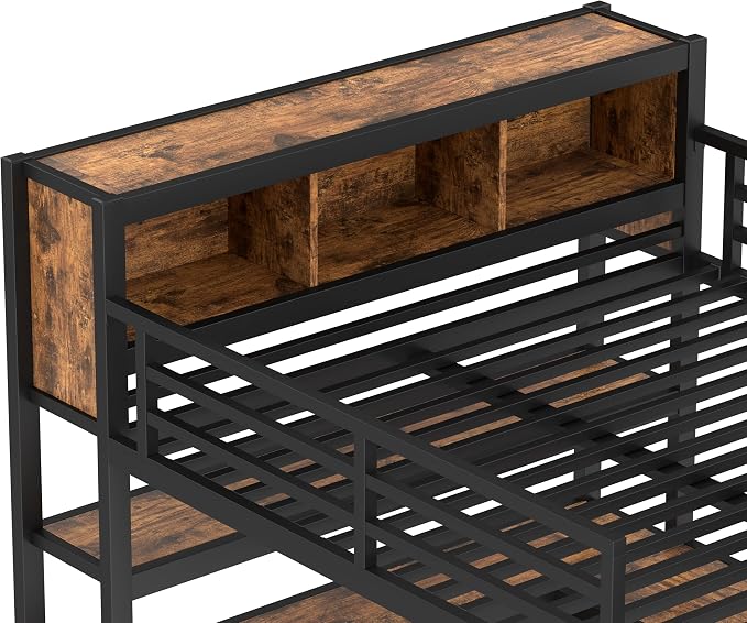 Bellemave Queen Size Loft Bed with Desk, Wardrobe, Storage Cubes and Shelves, Metal Queen Loft Bed Frame for Adults, Kids, Teens, Black and Woodgrain
