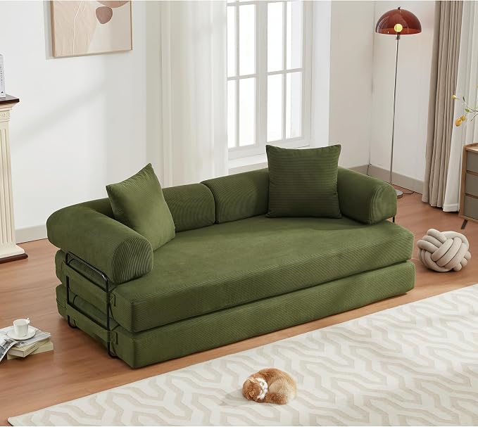 ZEIINPA Convertible Sleeper Sofa Bed with Cylindrical Pillow, Corduroy Folding Mattress Couch with Fixed-Shape Frame, Floor Sofa Lounge Couch for Living Room Bedroom Lounge Studio-Green