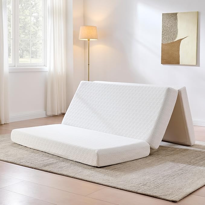 AMERLIFE Queen Tri-Fold Memory Foam Mattress, 6-Inch Cooling Gel Folding Guest Mattress with Washable Cover, Portable Floor Mattress for Guests, Murphy Bed and Home Use, White