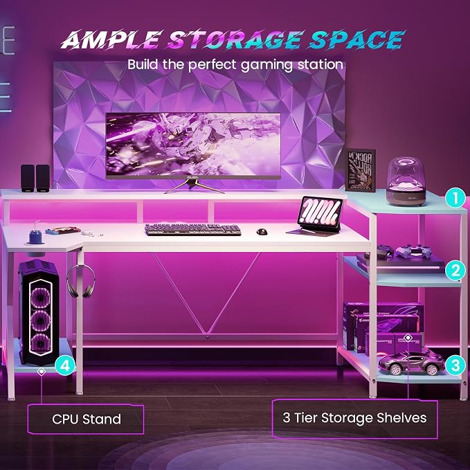 SEDETA White Gaming Desk 70.8'' with LED Lights and Storage Shelves, Computer Desk with Monitor Stand, Power Outlets and Cup Holder, Large PC Gamer Desk, Gaming Table for Bedroom, Living Room