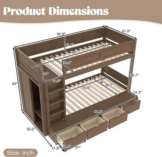 Bellemave Twin Over Twin Bunk Bed with Storage Drawers,Solid Wood Bunk Bed with Built-in Wardrobe,Storage Shelf and Safety Guardrails for Kids Girls Boys,Brown