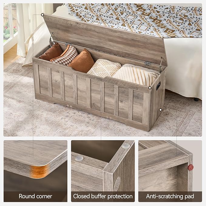 VANKILEY 47.2" Storage Chest Extra Large,Storage Trunk with 2 Safety Hinges,Wooden Storage Bench,Shoe Bench,47.2x15.7x19.1 Inch,Easy Assembly,Storage Bench for Bedroom,Living Room,entryway(Greige).