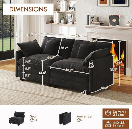 WorthFurni 77 Inch Cloud Sofa Loveseat, Comfy Sectional Couch, 2-Seater Chenille Deep Seat Sofa with Throw Pillows for Living Room Bedroom Apartment (Black)
