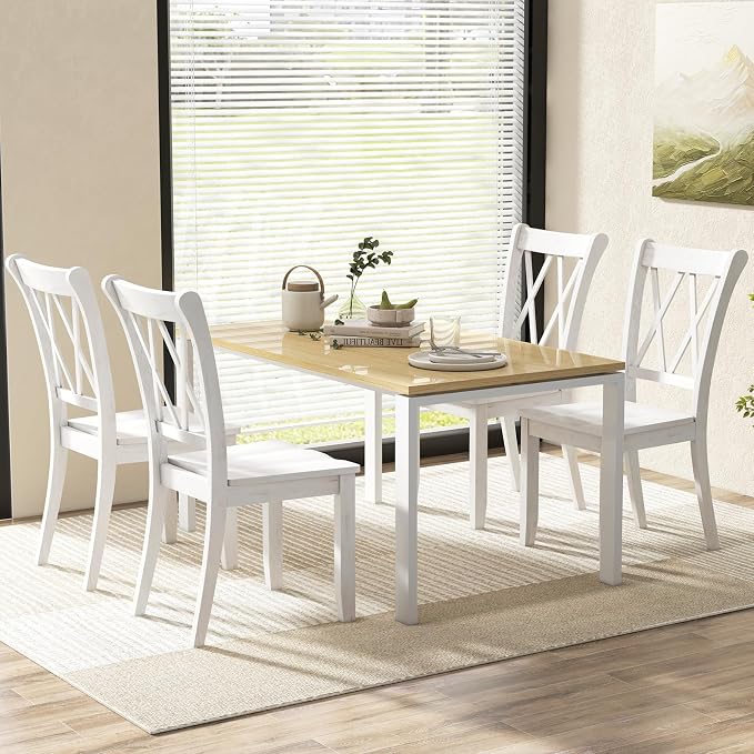 Giantex Wood Dining Chairs Set of 2 White, Armless Kitchen Chair w/Rubber Wood Frame, Cross Back, Contoured Seat, Farmhouse Wooden Side Chair, High Back Kitchen Chairs for Home Dining Room