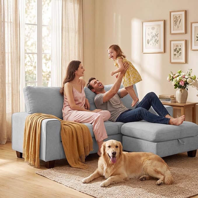 DOPEDIO L-Shaped Sectional Sofa with Storage Ottoman, Modern Chenille Recliner Loveseat, Removable Couch Covers, Pocket Spring Cushions, Solid Wood Frame, Easy to Install (71.25inch, Light Gray)