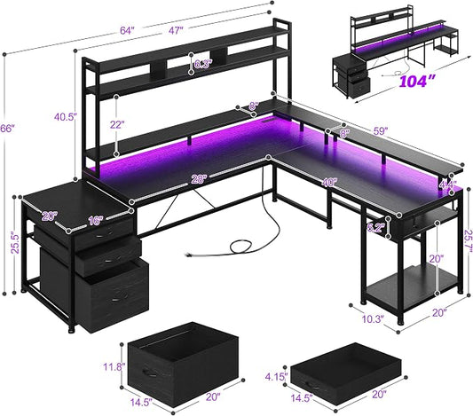 EnHomee 104'' L Shaped Gaming Desk, Reversible Two Person Corner Computer Desk with LED Lights & Power Outlet, Monitor Stand & 3 Drawers, Home Office Workstation for Gaming Room, Black