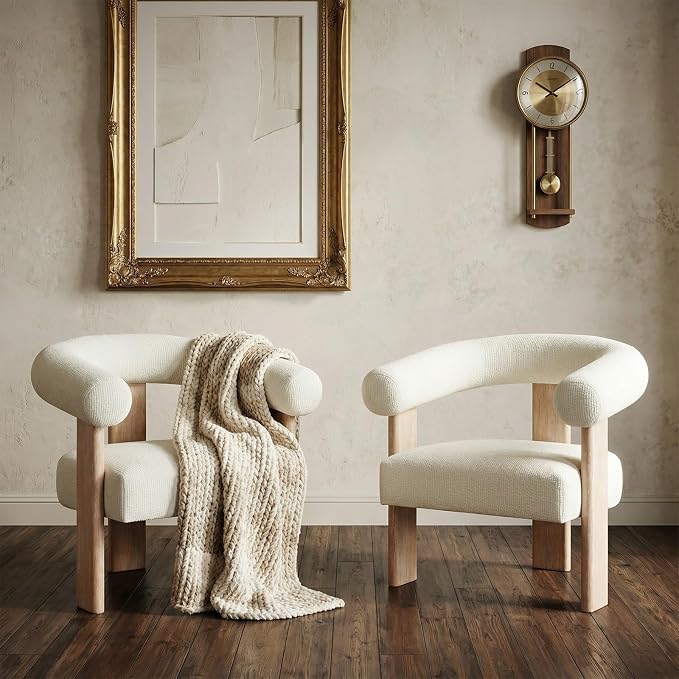 VKNOW Accent Chairs Set of 2, Modern Upholstered Living Room Chair Armchair with Solid Wood Legs, Comfy Barrel Arm Chairs for Living Room Bedroom, Cream