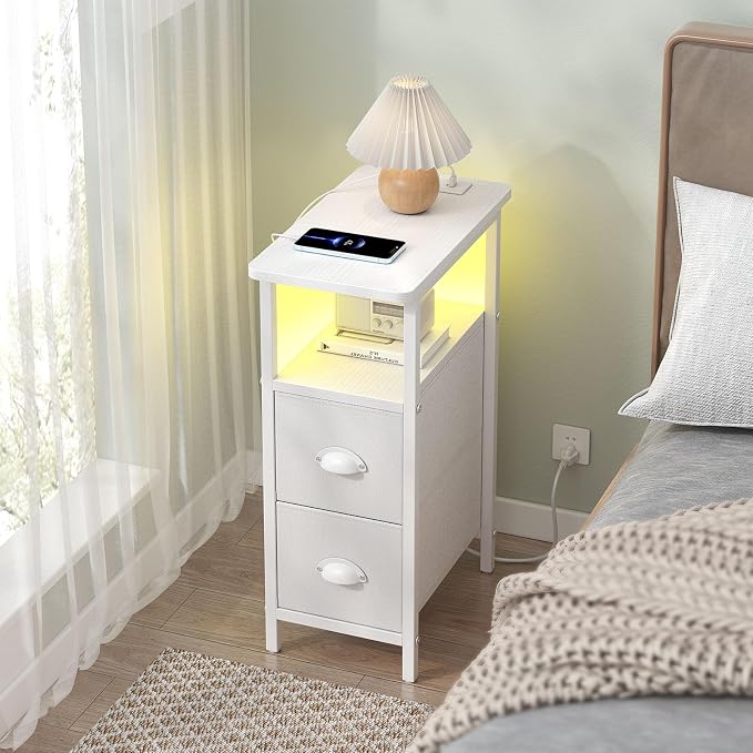 sthmec Narrow End Table with Charging Station, Narrow Side Table with 2 Fabric Drawers, LED End Table, Slim Nightstand with LED Light, Small Side Table for Small Spaces, Living Room, Bedroom, White