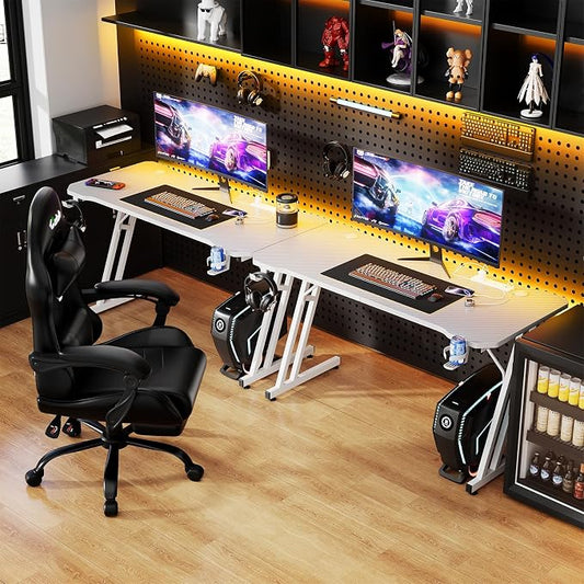 Czlolo 47 Inch Gaming Desk with Power Outlets, L-Shape Leg Computer Desk, Gamer Desk for Small Space, Wtih Cup Holder, Headphone Stand, USB& Tpye-C Ports, Carbon Fiber Surface, White