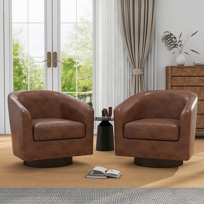 360° Swivel Barrel Accent Chair Armchair, PU Leather Round Club Arm Chair for Lving Room, Modern Upholstered Small Bedroom Single Sofa Seat - Coffee Brown, Set of 4