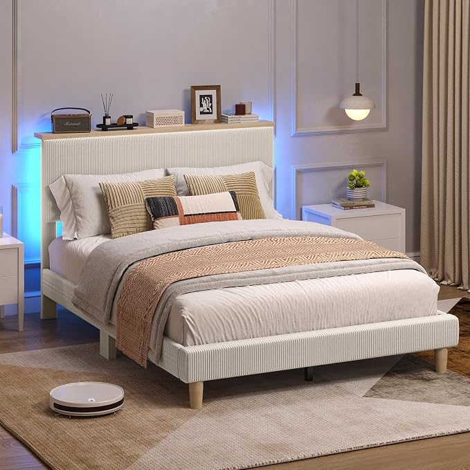 Bestier Full Bed Frame with Adjustable Headboard & LEDLighting, Corduroy Upholstered Platform Bed Frame withStorage Shelf, Solid Wood Slats, No Box Spring Needed,Never Squeak, Easy Assembly, Beige