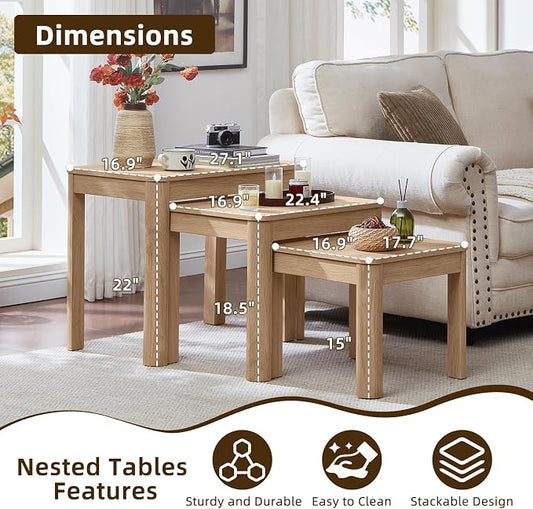 Joaxswe Farmhouse Nesting Tables Set of 3, Nesting Side Tables with Rounded Corners & 4 Thickened Table Legs, Natural Wood