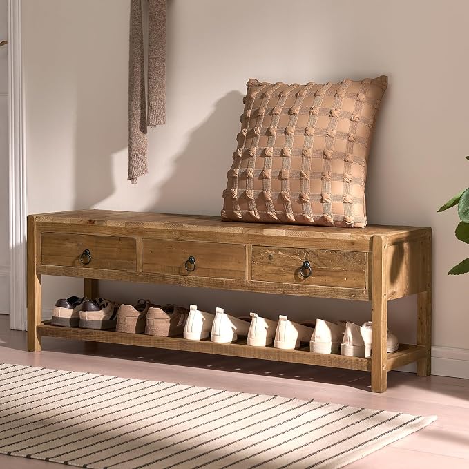 Wnutress 45.2" Reclaimed Solid Wood Benches with 3 Drawers & Slatted Storage Shelf, Rustic Farmhouse Long Entryway Bench Seat for Indoor, End of Bed, Living Room, Hallway, Natural Finsh